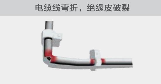 在安裝過程中，由于電線的彎曲半徑過小，或是線夾過緊，導致線纜絕緣皮破裂，產生電弧隱患
